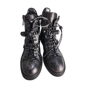 275 Central Rhinestone lace up Zip metalic Leather Boots Sz 37 US 6-6.5 Punkcore